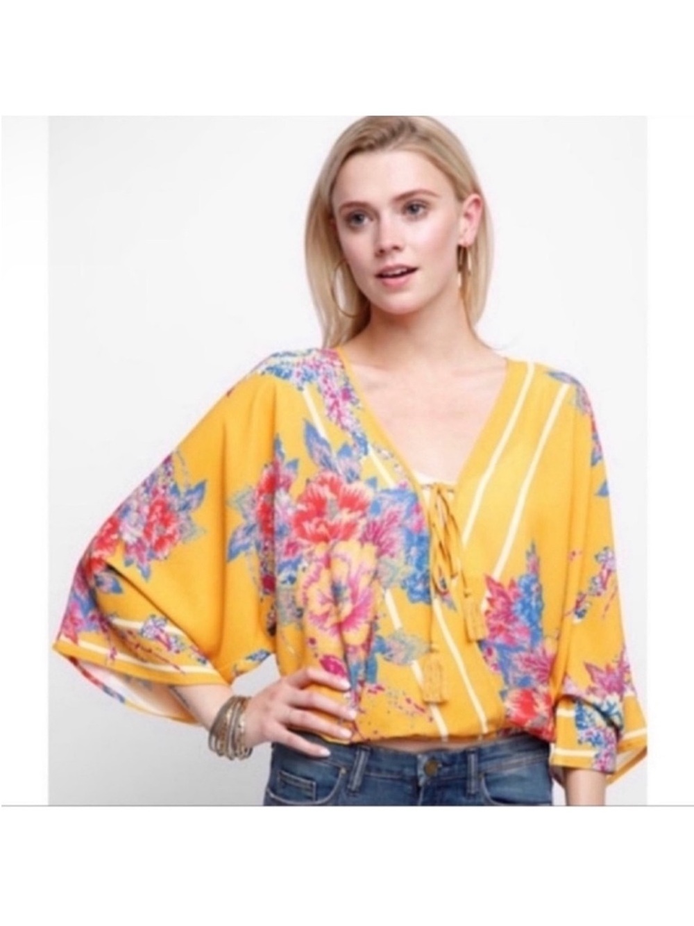 Flying Tomato Floral kimono wrap top/Blouse/Shirt Sz S Mustard pink White
